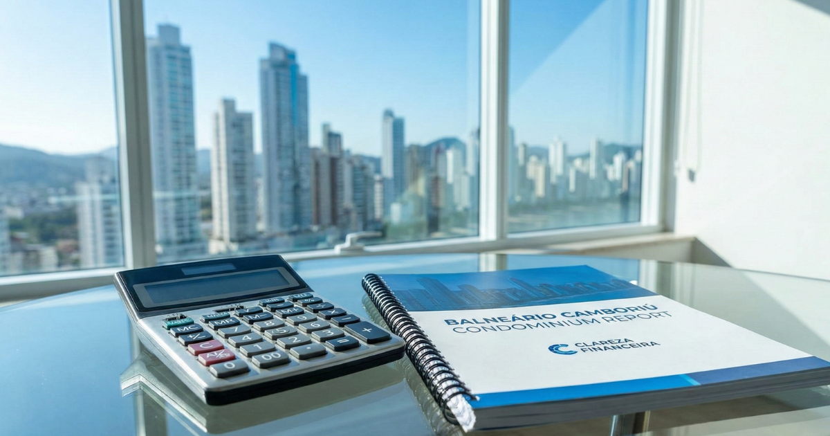 Calculadora e relatórios financeiros sobre mesa de escritório com vista para prédios de Balneário Camboriú, representando o custo de administradora de condomínios.