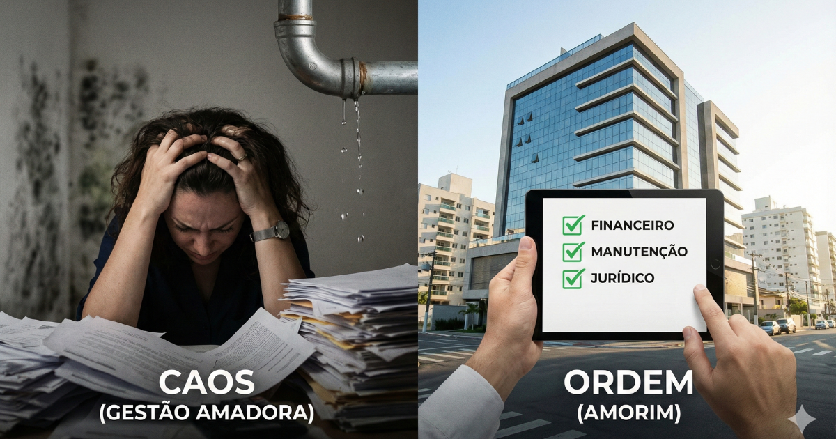 Comparativo entre gestão desorganizada e gestão profissional de condomínios, evitando erros comuns.