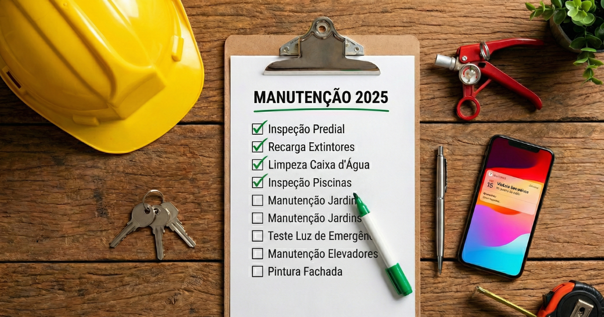 Checklist de manutenções obrigatórias de condomínio para 2025 sobre mesa de trabalho.