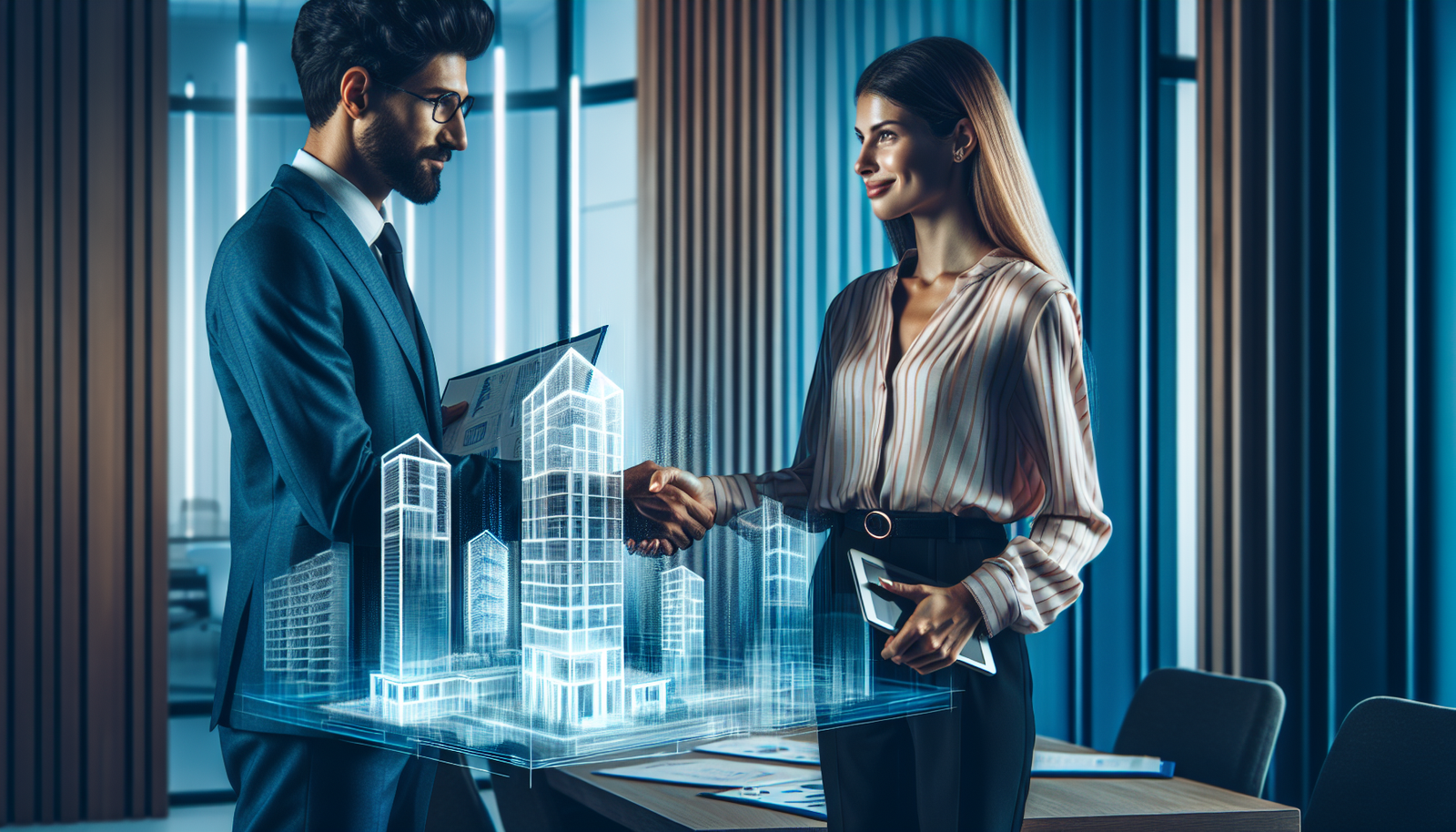 Aperto de mãos entre síndico profissional e representante da administradora, simbolizando a parceria ideal para o condomínio.