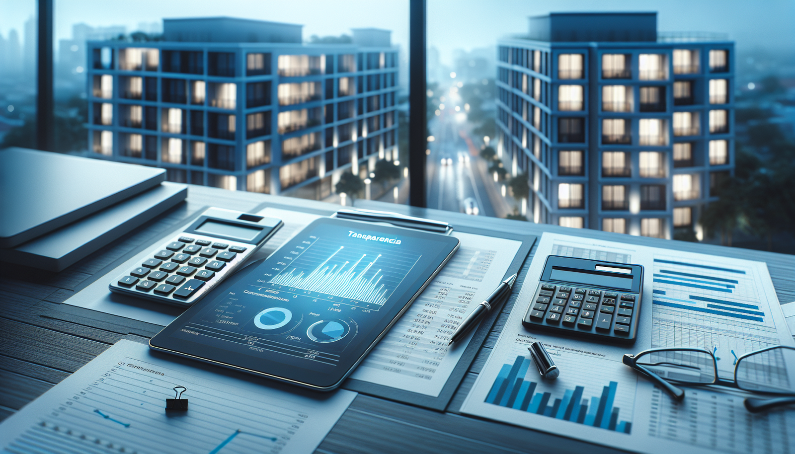 Relatórios de contabilidade condominial digital e calculadora, representando a gestão transparente da Amorim.