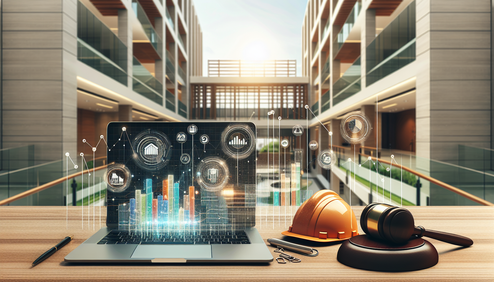 Mesa de trabalho com computador e ferramentas representando as funções financeiras, legais e de manutenção de uma administradora de condomínios.