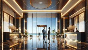 Lobby de luxo em condomínio de Balneário Camboriú representando o atendimento premium.