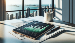 Tablet exibindo gráficos de recuperação financeira e gestão de inadimplência condominial.