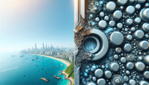 Detalhe de corrosão por salitre em estrutura predial com prédios de Balneário Camboriú ao fundo.