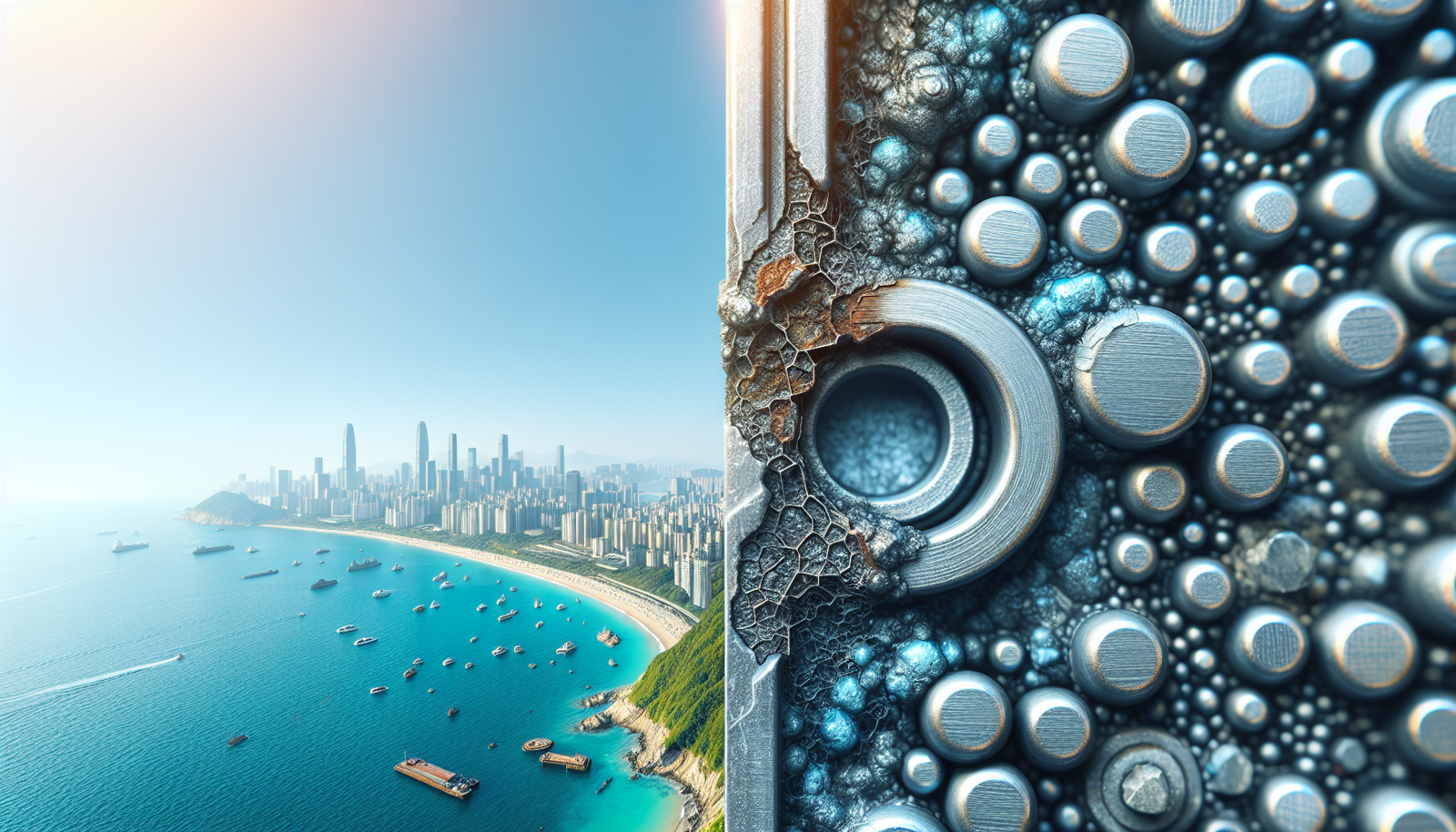 Detalhe de corrosão por salitre em estrutura predial com prédios de Balneário Camboriú ao fundo.