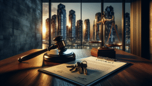 Balança da justiça e chaves de condomínio representando a responsabilidade legal do síndico.