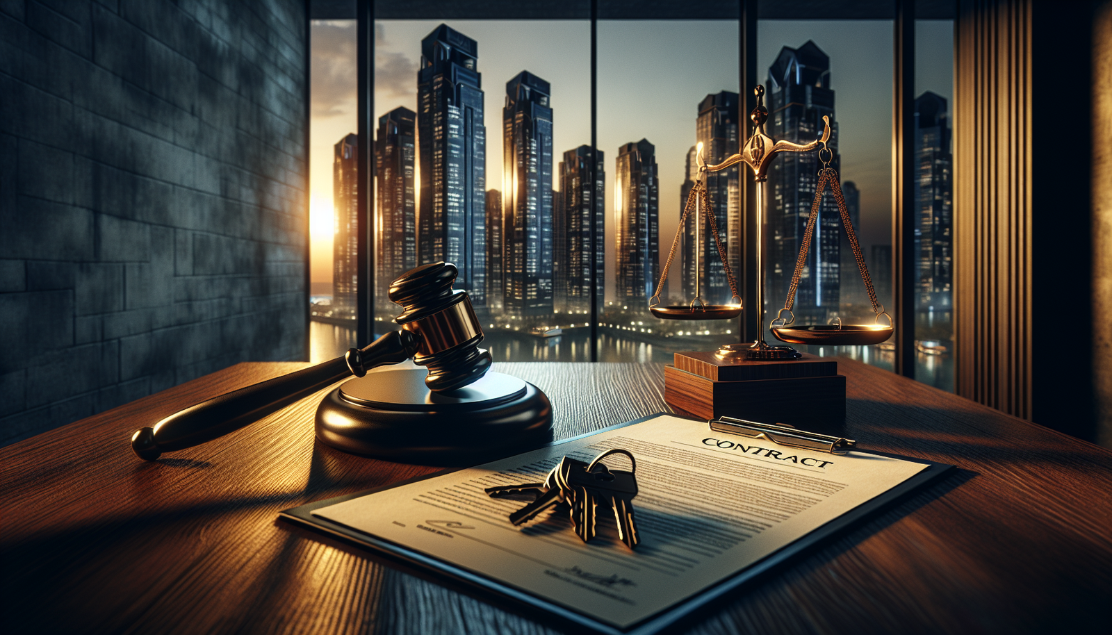 Balança da justiça e chaves de condomínio representando a responsabilidade legal do síndico.