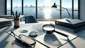 Lupa sobre relatório de auditoria condominial em Balneário Camboriú simbolizando transparência.