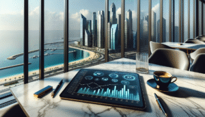 Gráficos de gestão financeira em condomínio de luxo com vista para Balneário Camboriú.