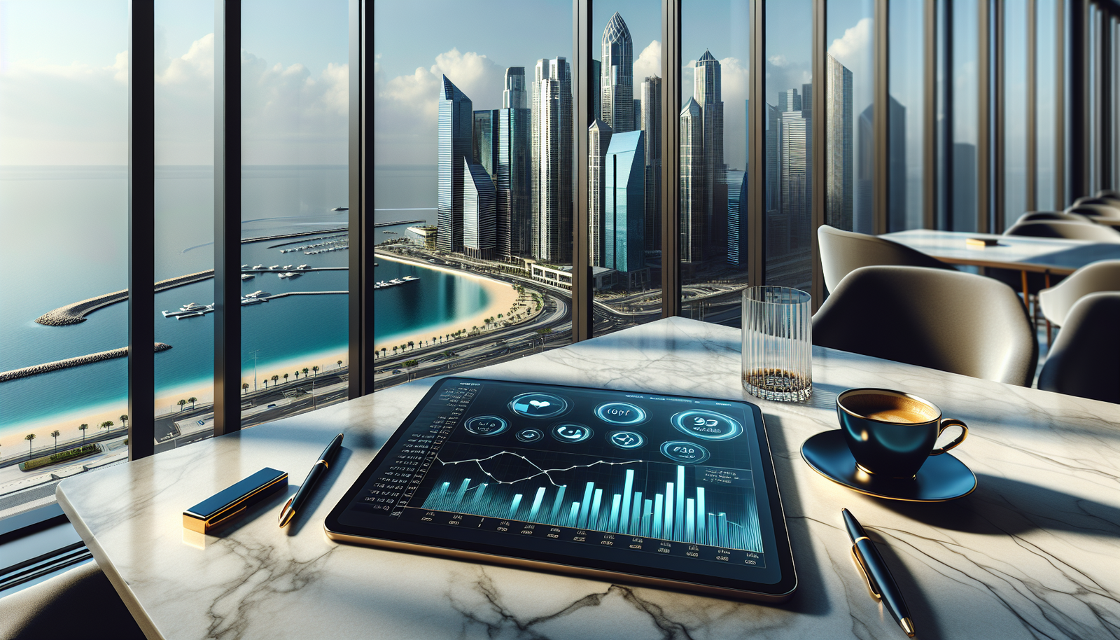 Gráficos de gestão financeira em condomínio de luxo com vista para Balneário Camboriú.