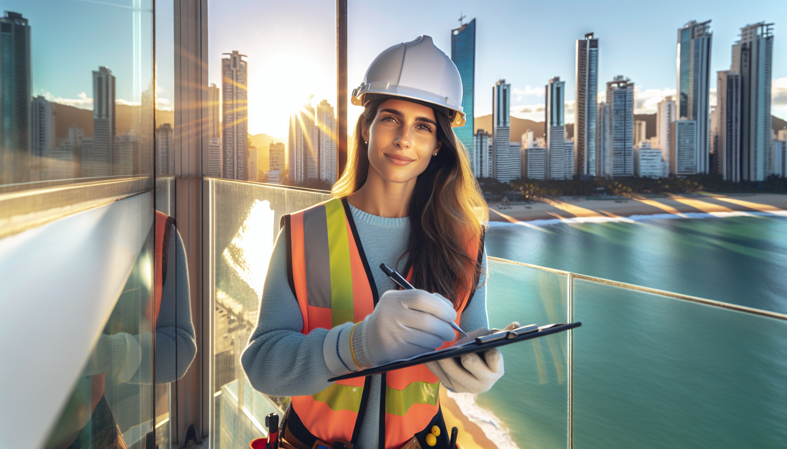 Técnico realizando manutenção preventiva em fachada de prédio frente mar em Balneário Camboriú.